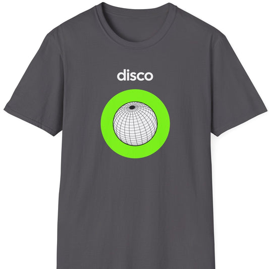 a grey music t shirt saying 'disco'