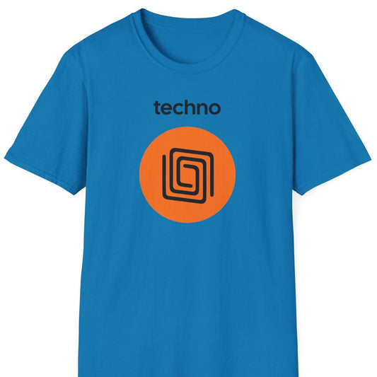 a blue music t shirt saying 'techno'