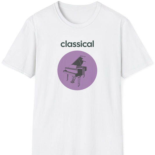a white music t shirt saying 'classical'