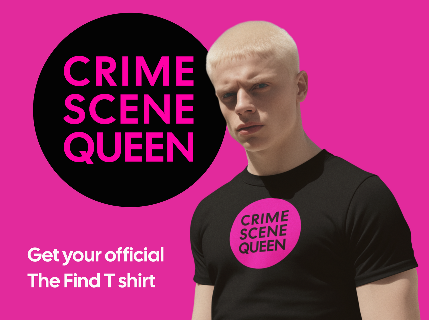 man wearing a black t shirt saying 'crime scene queen'