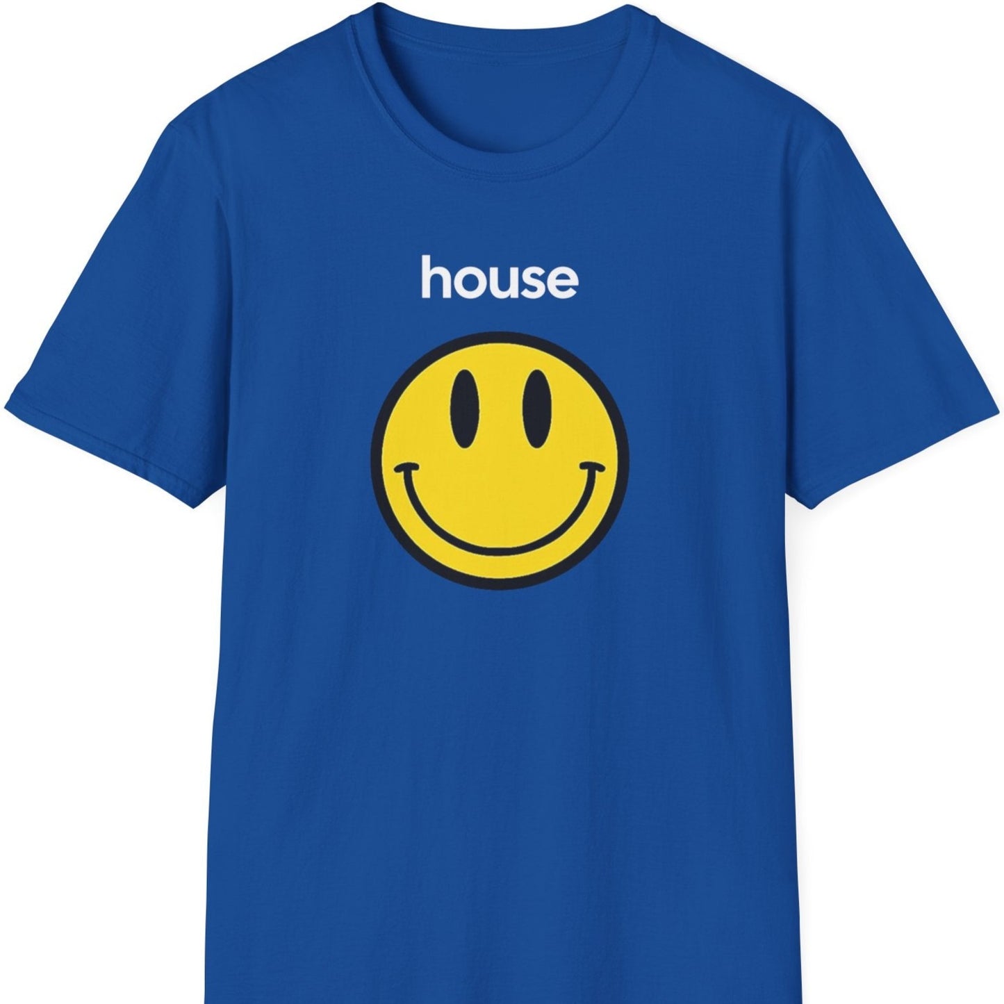 a blue house music t shirt saying 'house'