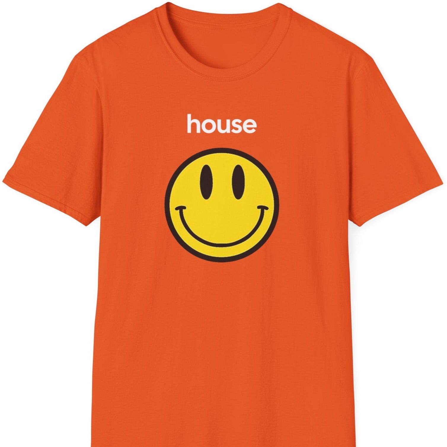 an orange house music t shirt saying 'house'