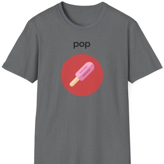 a grey music t shirt saying 'pop'