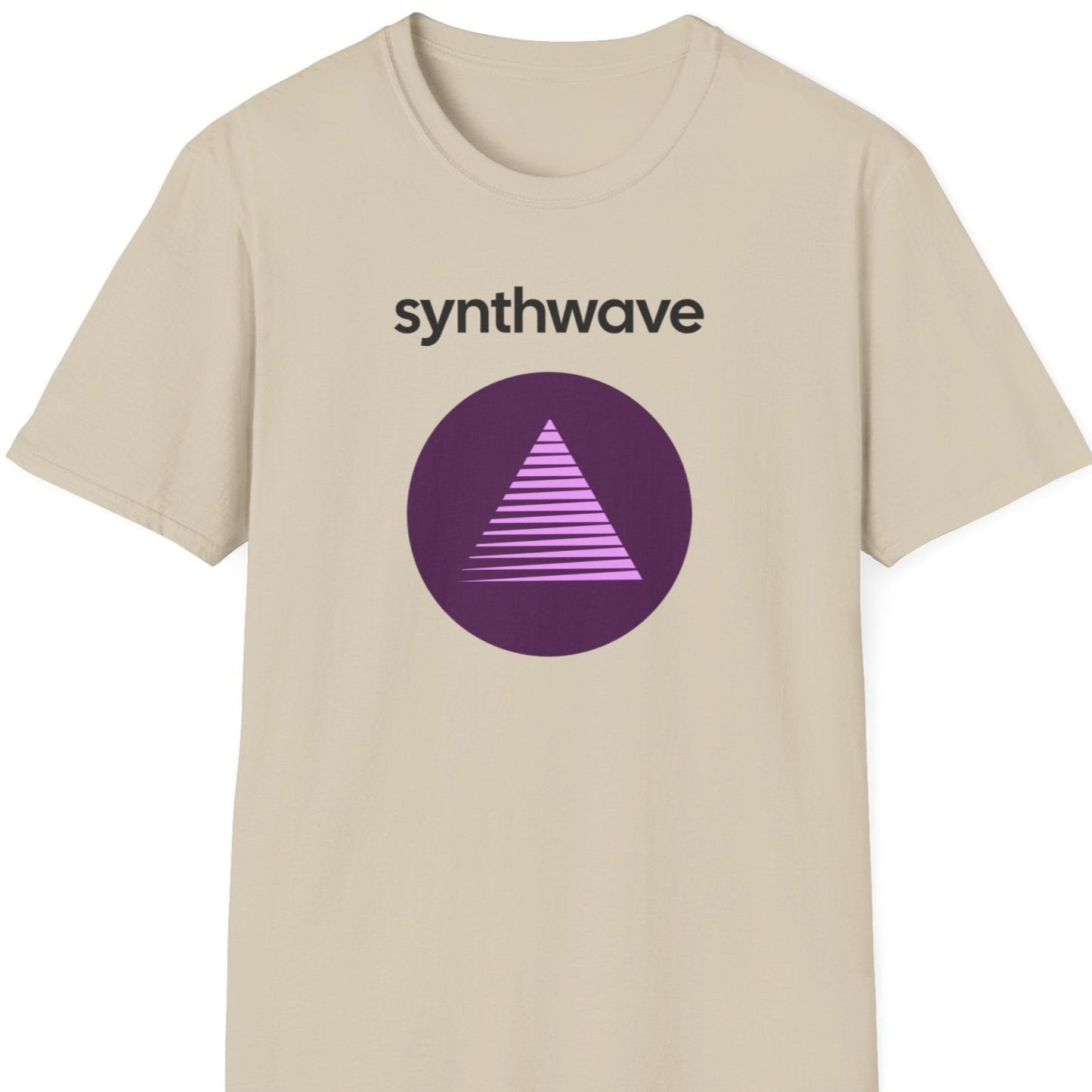 a sand colour music t shirt saying 'synthwave'