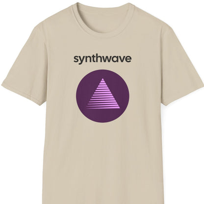 a sand colour music t shirt saying 'synthwave'