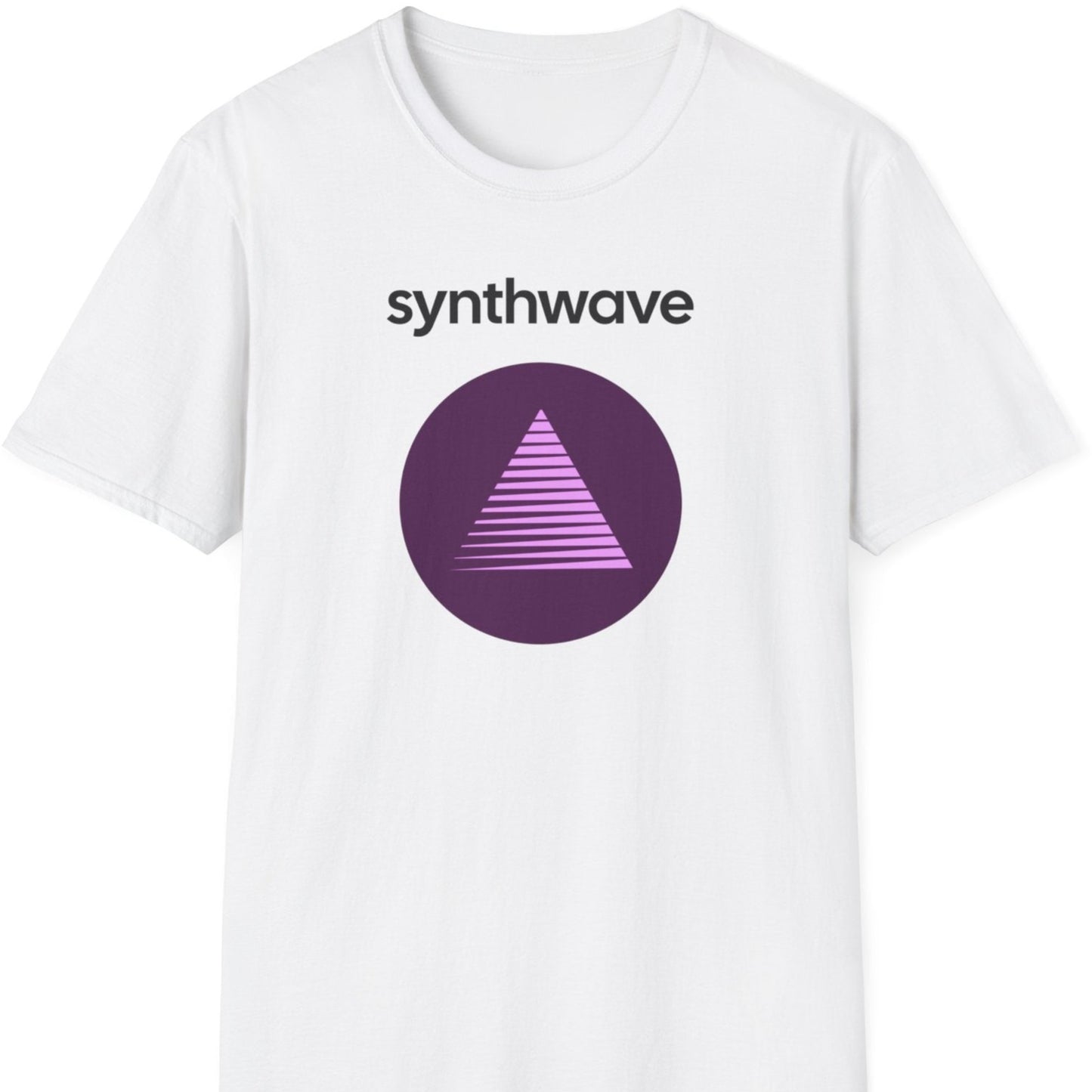 a white music t shirt saying 'synthwave'