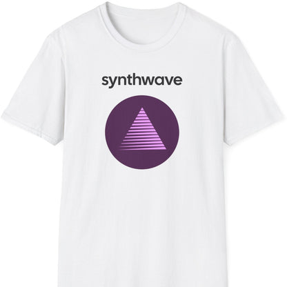 a white music t shirt saying 'synthwave'