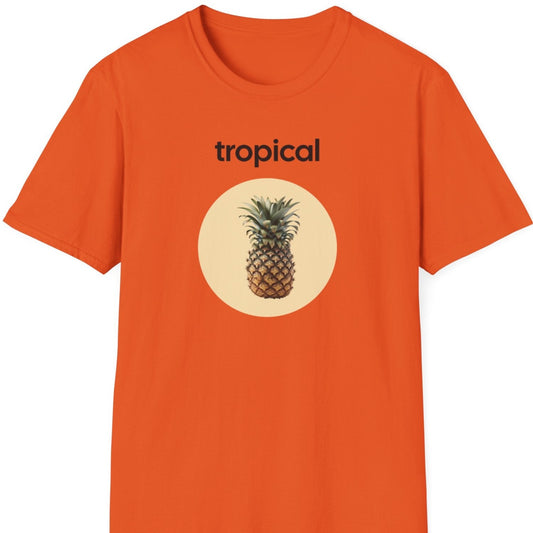 an orange music t shirt saying 'tropical'